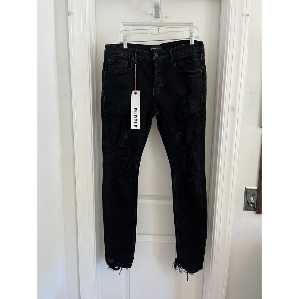 Purple Brand P001 Low Rise Skinny Jeans Black Oil Paint Distressed